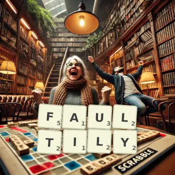 Creative illustration for a Scrabble game with the word FAULTILY spelled out in tiles on the board.