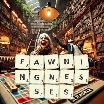 Creative illustration for a Scrabble game with the word FAWNINGNESSES spelled out in tiles on the board.