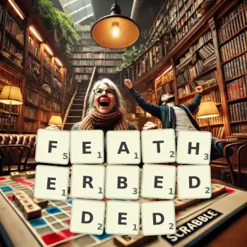 Creative illustration for a Scrabble game with the word FEATHERBEDDED spelled out in tiles on the board.