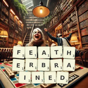 Creative illustration for a Scrabble game with the word FEATHERBRAINED spelled out in tiles on the board.