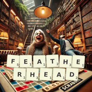 Creative illustration for a Scrabble game with the word FEATHERHEAD spelled out in tiles on the board.