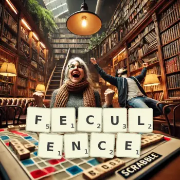 Creative illustration for a Scrabble game with the word FECULENCE spelled out in tiles on the board.