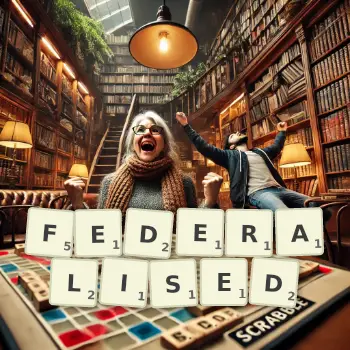 Creative illustration for a Scrabble game with the word FEDERALISED spelled out in tiles on the board.
