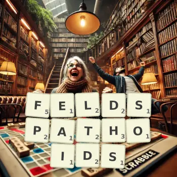Creative illustration for a Scrabble game with the word FELDSPATHOIDS spelled out in tiles on the board.