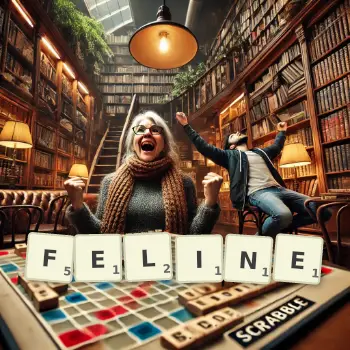 Creative illustration for a Scrabble game with the word FELINE spelled out in tiles on the board.