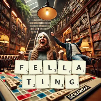 Creative illustration for a Scrabble game with the word FELLATING spelled out in tiles on the board.