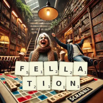 Creative illustration for a Scrabble game with the word FELLATION spelled out in tiles on the board.