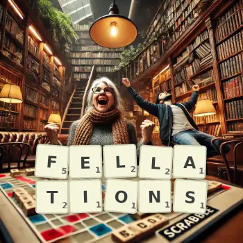 Creative illustration for a Scrabble game with the word FELLATIONS spelled out in tiles on the board.