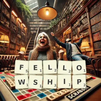 Creative illustration for a Scrabble game with the word FELLOWSHIP spelled out in tiles on the board.