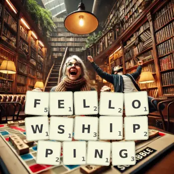 Creative illustration for a Scrabble game with the word FELLOWSHIPPING spelled out in tiles on the board.