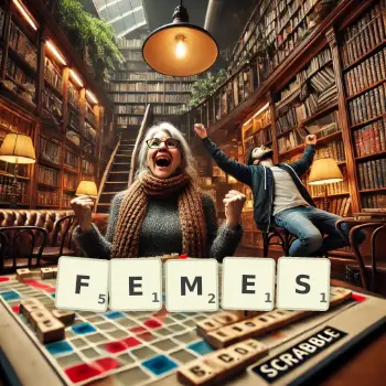 Creative illustration for a Scrabble game with the word FEMES spelled out in tiles on the board.
