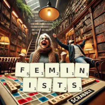 Creative illustration for a Scrabble game with the word FEMINISTS spelled out in tiles on the board.