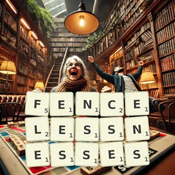 Creative illustration for a Scrabble game with the word FENCELESSNESSES spelled out in tiles on the board.