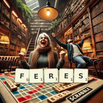 Creative illustration for a Scrabble game with the word FERES spelled out in tiles on the board.