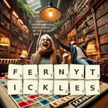 Creative illustration for a Scrabble game with the word FERNYTICKLES spelled out in tiles on the board.
