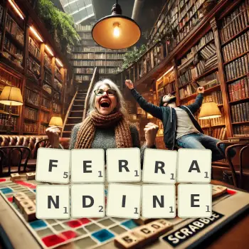 Creative illustration for a Scrabble game with the word FERRANDINE spelled out in tiles on the board.
