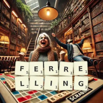 Creative illustration for a Scrabble game with the word FERRELLING spelled out in tiles on the board.