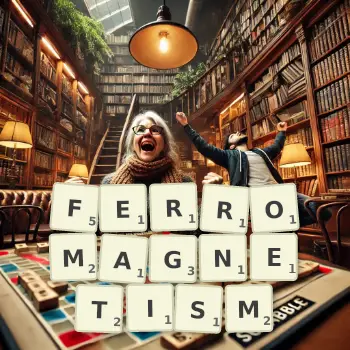 Creative illustration for a Scrabble game with the word FERROMAGNETISM spelled out in tiles on the board.