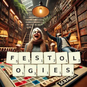 Creative illustration for a Scrabble game with the word FESTOLOGIES spelled out in tiles on the board.