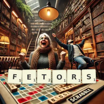 Creative illustration for a Scrabble game with the word FETORS spelled out in tiles on the board.