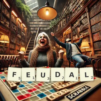 Creative illustration for a Scrabble game with the word FEUDAL spelled out in tiles on the board.