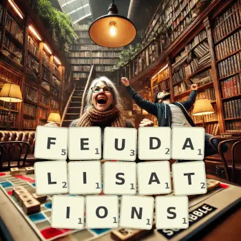 Creative illustration for a Scrabble game with the word FEUDALISATIONS spelled out in tiles on the board.