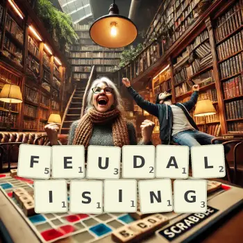 Creative illustration for a Scrabble game with the word FEUDALISING spelled out in tiles on the board.