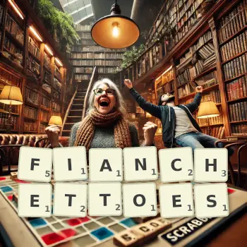 Creative illustration for a Scrabble game with the word FIANCHETTOES spelled out in tiles on the board.