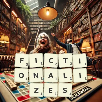 Creative illustration for a Scrabble game with the word FICTIONALIZES spelled out in tiles on the board.
