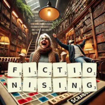 Creative illustration for a Scrabble game with the word FICTIONISING spelled out in tiles on the board.