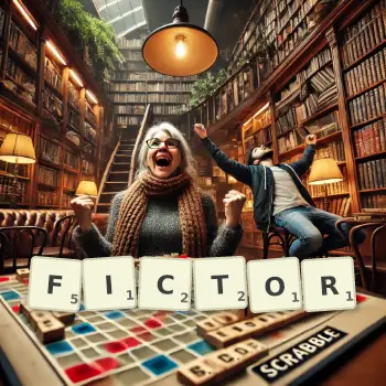 Creative illustration for a Scrabble game with the word FICTOR spelled out in tiles on the board.
