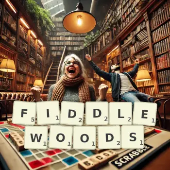 Creative illustration for a Scrabble game with the word FIDDLEWOODS spelled out in tiles on the board.