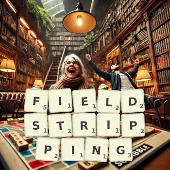 Creative illustration for a Scrabble game with the word FIELDSTRIPPING spelled out in tiles on the board.