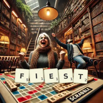 Creative illustration for a Scrabble game with the word FIEST spelled out in tiles on the board.