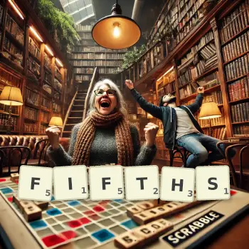 Creative illustration for a Scrabble game with the word FIFTHS spelled out in tiles on the board.
