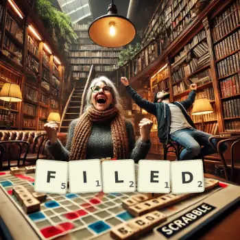 Creative illustration for a Scrabble game with the word FILED spelled out in tiles on the board.