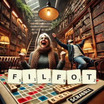 Creative illustration for a Scrabble game with the word FILFOT spelled out in tiles on the board.