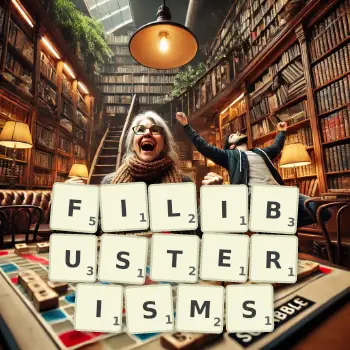 Creative illustration for a Scrabble game with the word FILIBUSTERISMS spelled out in tiles on the board.