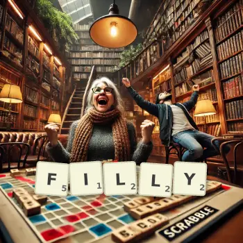 Creative illustration for a Scrabble game with the word FILLY spelled out in tiles on the board.