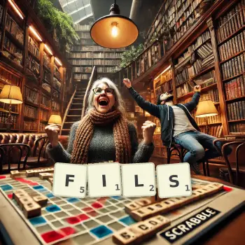 Creative illustration for a Scrabble game with the word FILS spelled out in tiles on the board.