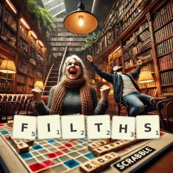 Creative illustration for a Scrabble game with the word FILTHS spelled out in tiles on the board.