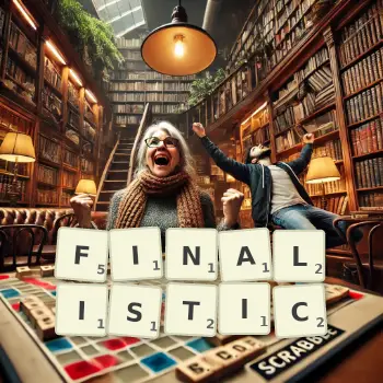Creative illustration for a Scrabble game with the word FINALISTIC spelled out in tiles on the board.