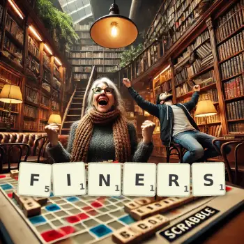 Creative illustration for a Scrabble game with the word FINERS spelled out in tiles on the board.