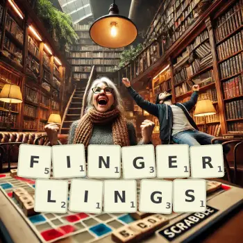 Creative illustration for a Scrabble game with the word FINGERLINGS spelled out in tiles on the board.