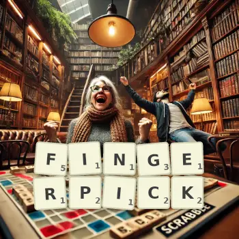 Creative illustration for a Scrabble game with the word FINGERPICK spelled out in tiles on the board.