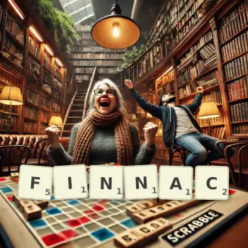 Creative illustration for a Scrabble game with the word FINNAC spelled out in tiles on the board.