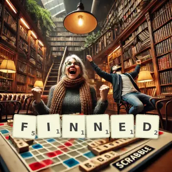 Creative illustration for a Scrabble game with the word FINNED spelled out in tiles on the board.