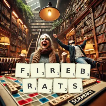 Creative illustration for a Scrabble game with the word FIREBRATS spelled out in tiles on the board.