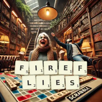 Creative illustration for a Scrabble game with the word FIREFLIES spelled out in tiles on the board.