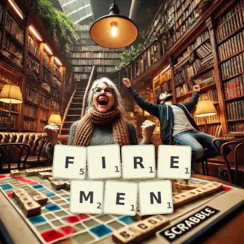 Creative illustration for a Scrabble game with the word FIREMEN spelled out in tiles on the board.